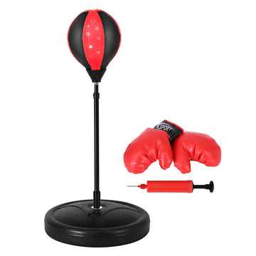 Red and black punching bag with gloves and pump on a white background