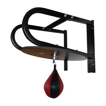 Black boxing speed bag stand with a red and black speed bag on a white background