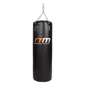 Black punching bag with Randy Travis Machinery logo on a white background