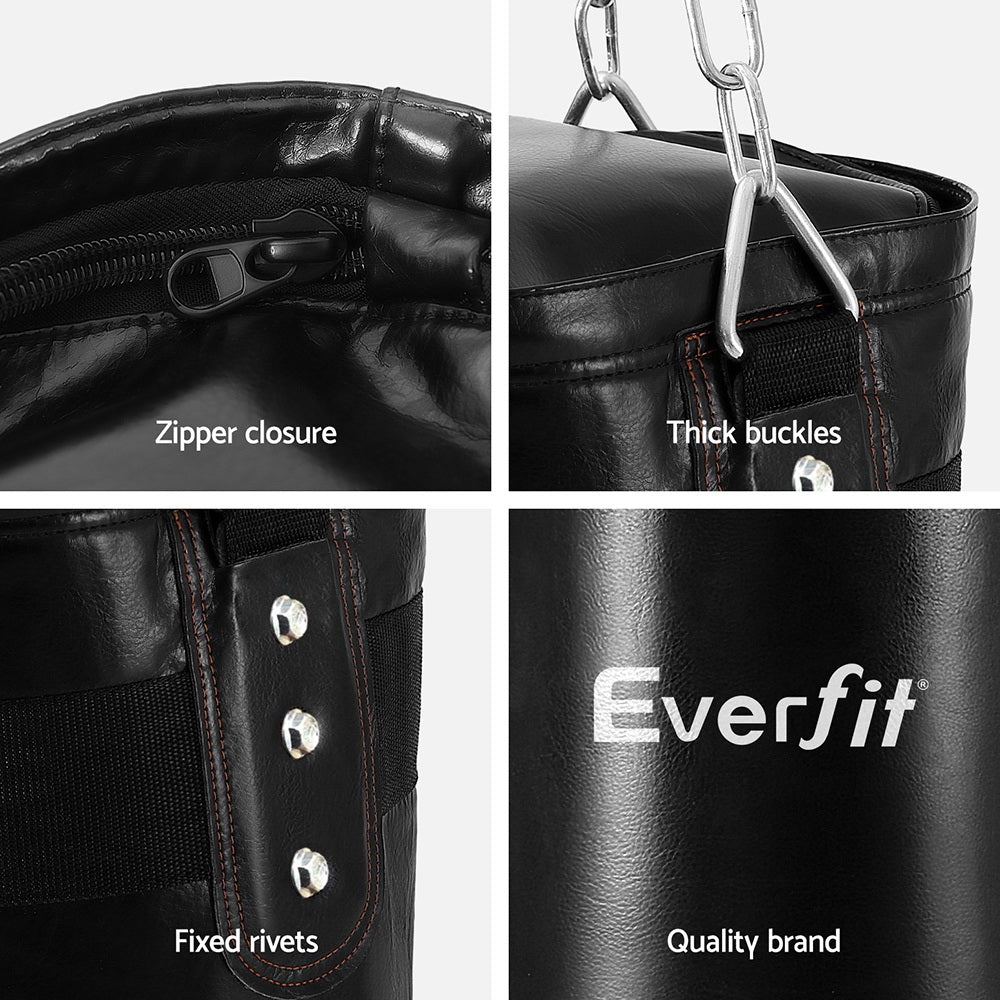 Black punching bag with features labeled and Everfit brand visible