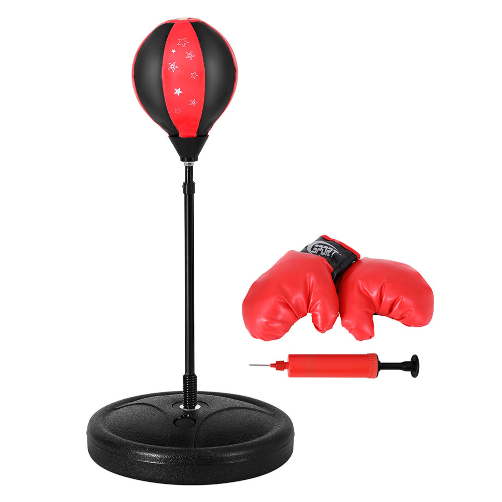 Red and black punching bag with gloves and pump on a white background