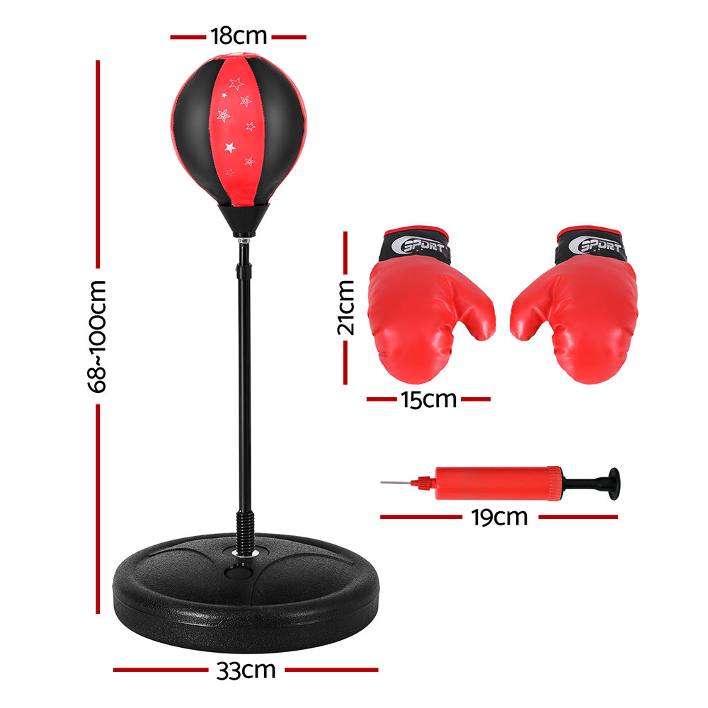 Red and black punching bag with gloves and pump on a white background