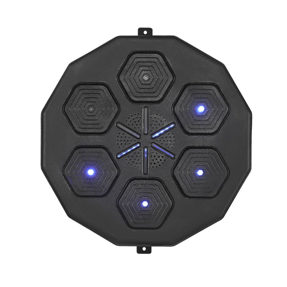 Black electronic device with hexagonal patterns and blue lights on a white background