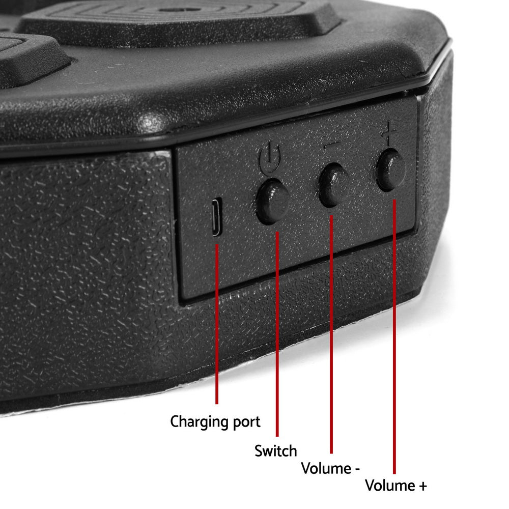 Black electronic device with labeled ports and buttons on a white background