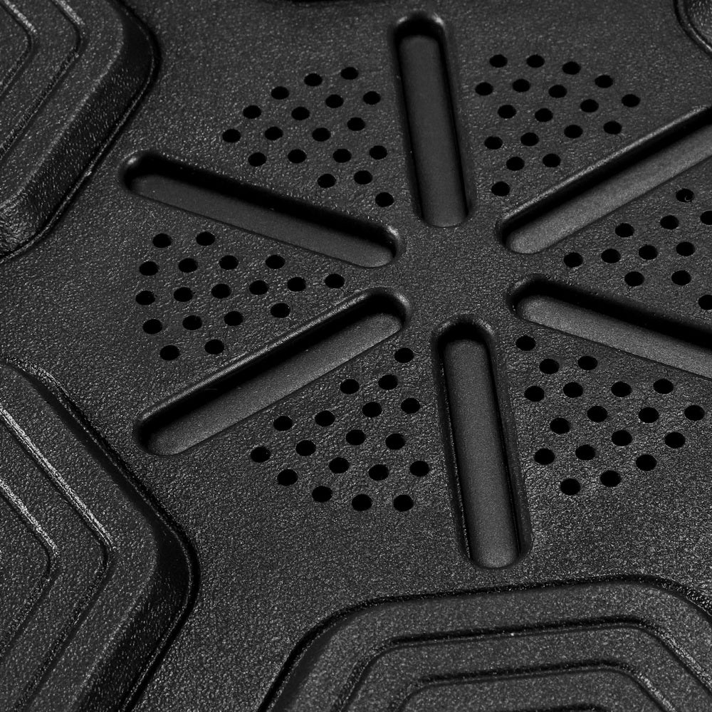 Close-up of a black textured mat with geometric patterns