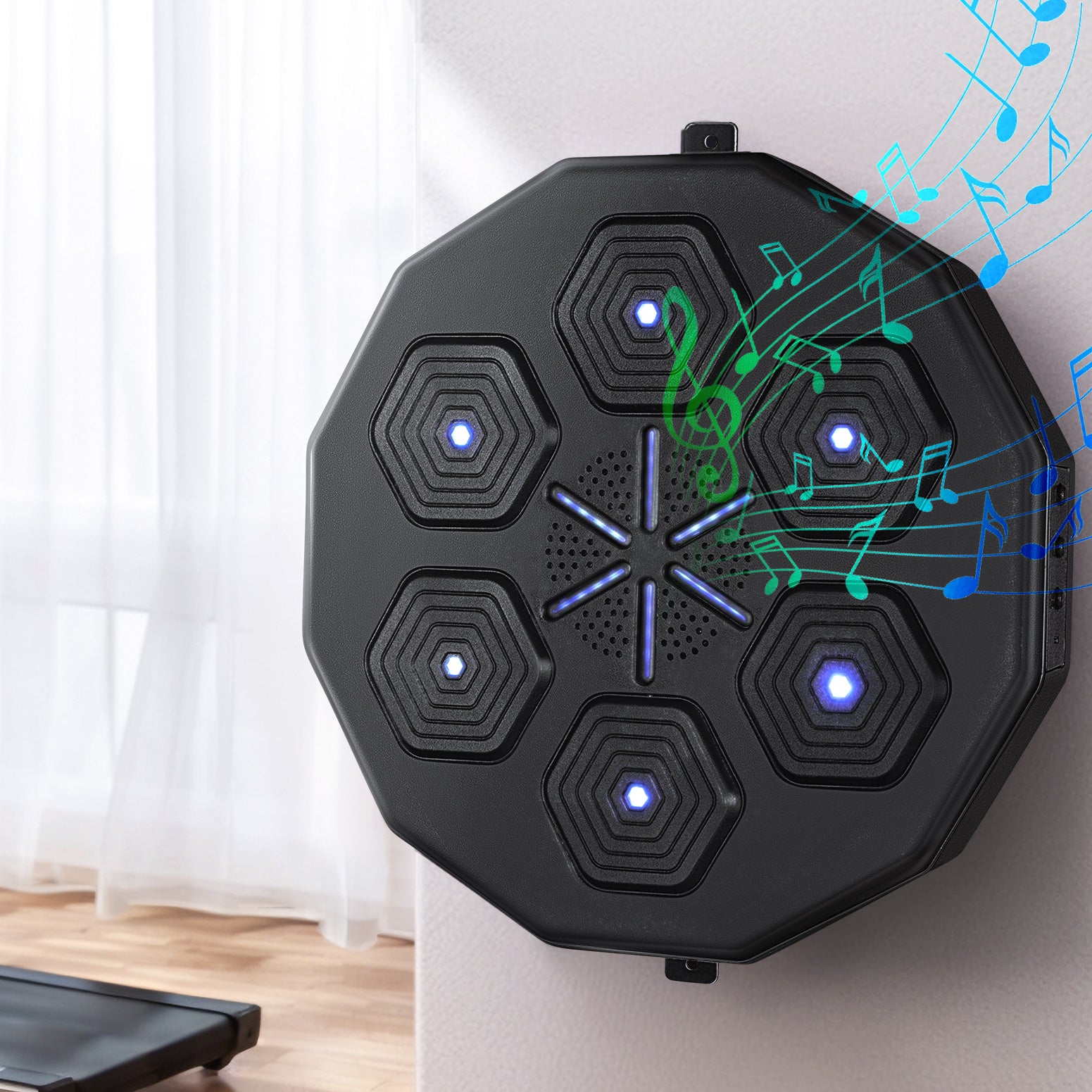 Black octagonal Bluetooth speaker with blue and green musical notes on a white background