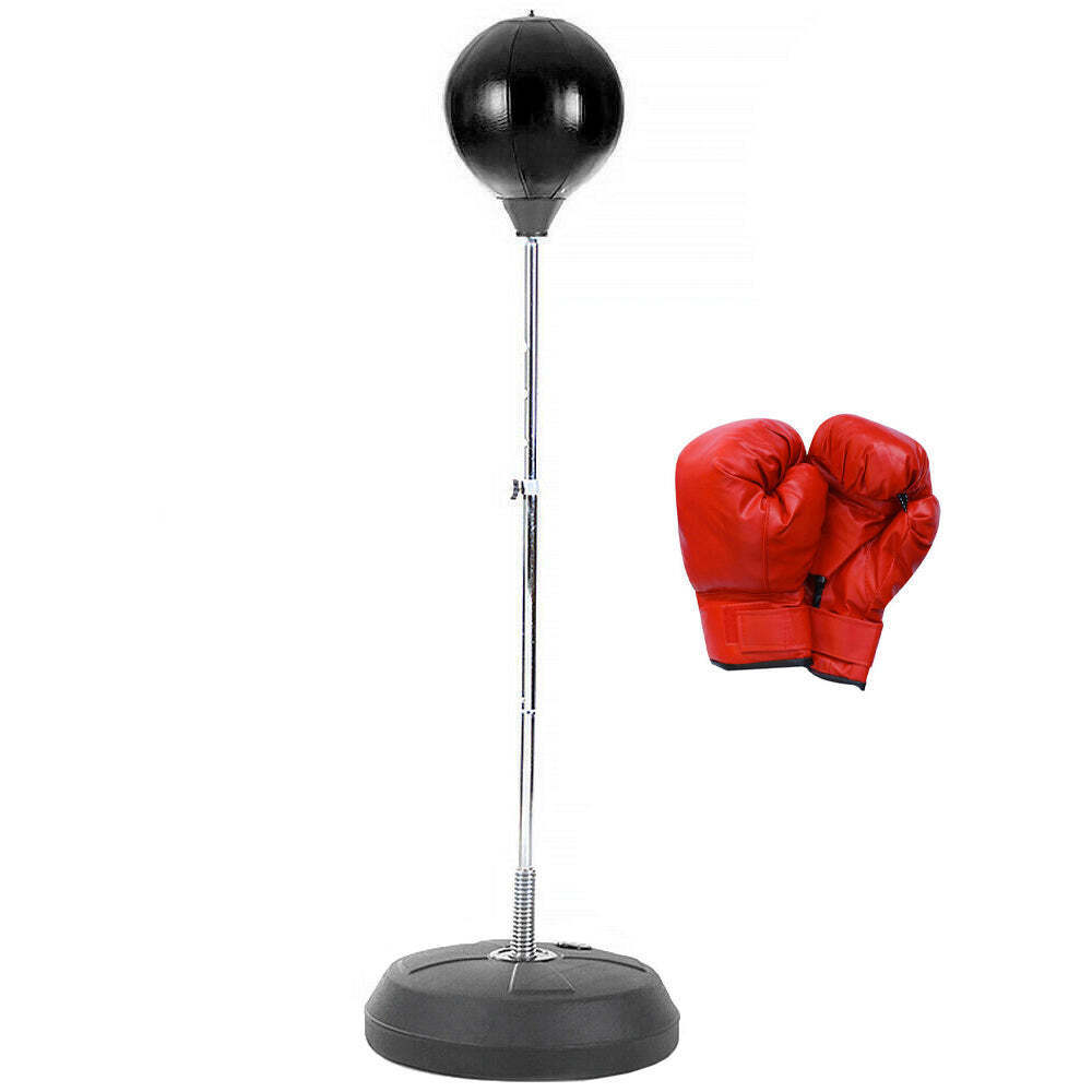 Black boxing speed bag with red gloves on a white background