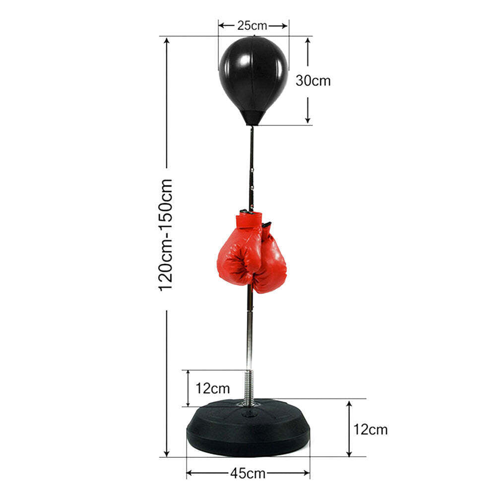 Black boxing speed bag with red gloves on a white background