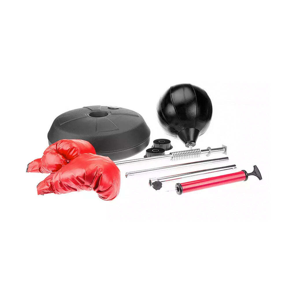 Set of boxing equipment including gloves, punching bag, and accessories on a white background