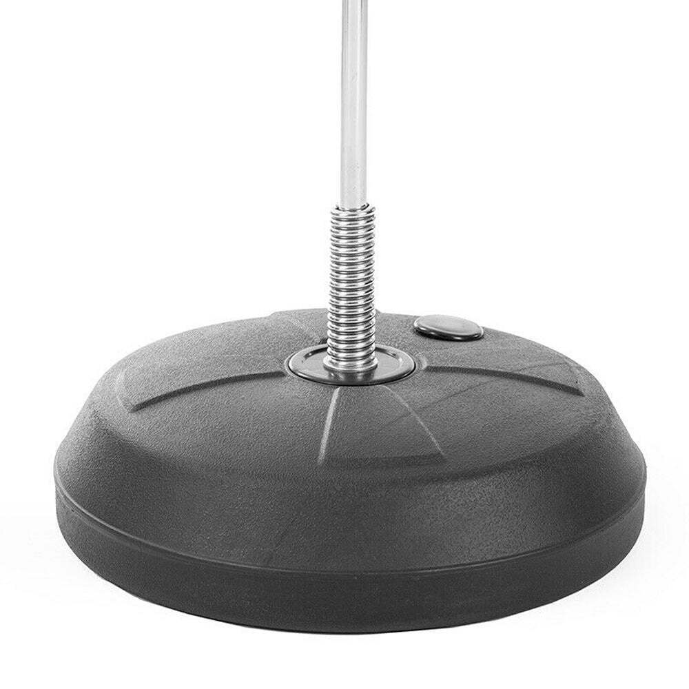 Black adjustable stand with a metal rod on a white background