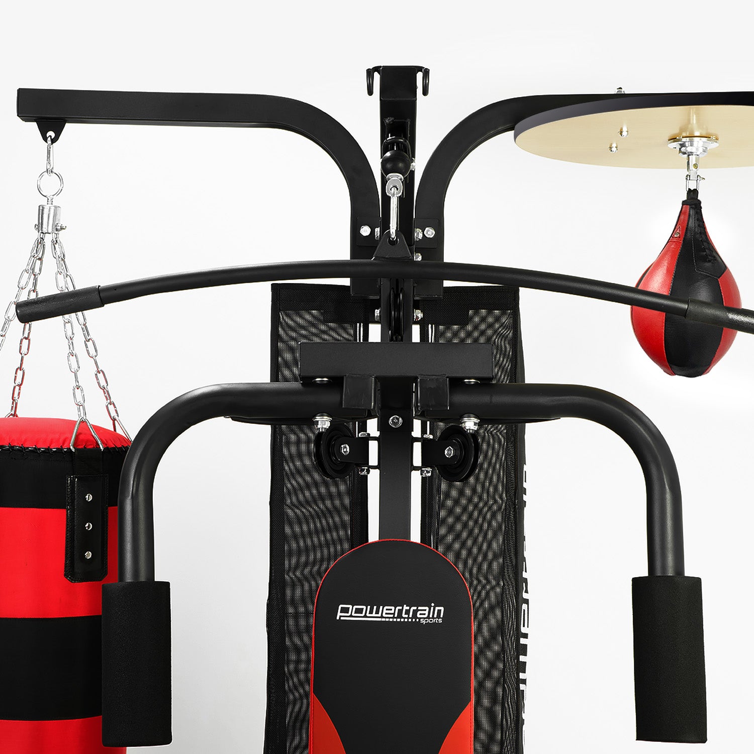 Black and red punching bag stand with hanging bags on a white background