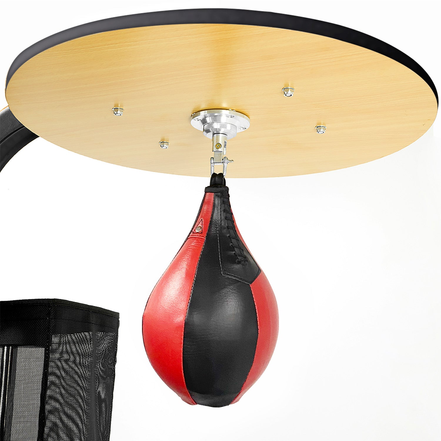 Red and black punching bag hanging from a ceiling mount on a white background