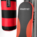 Red and black punching bag with 'powertrain sports' branding on a white background