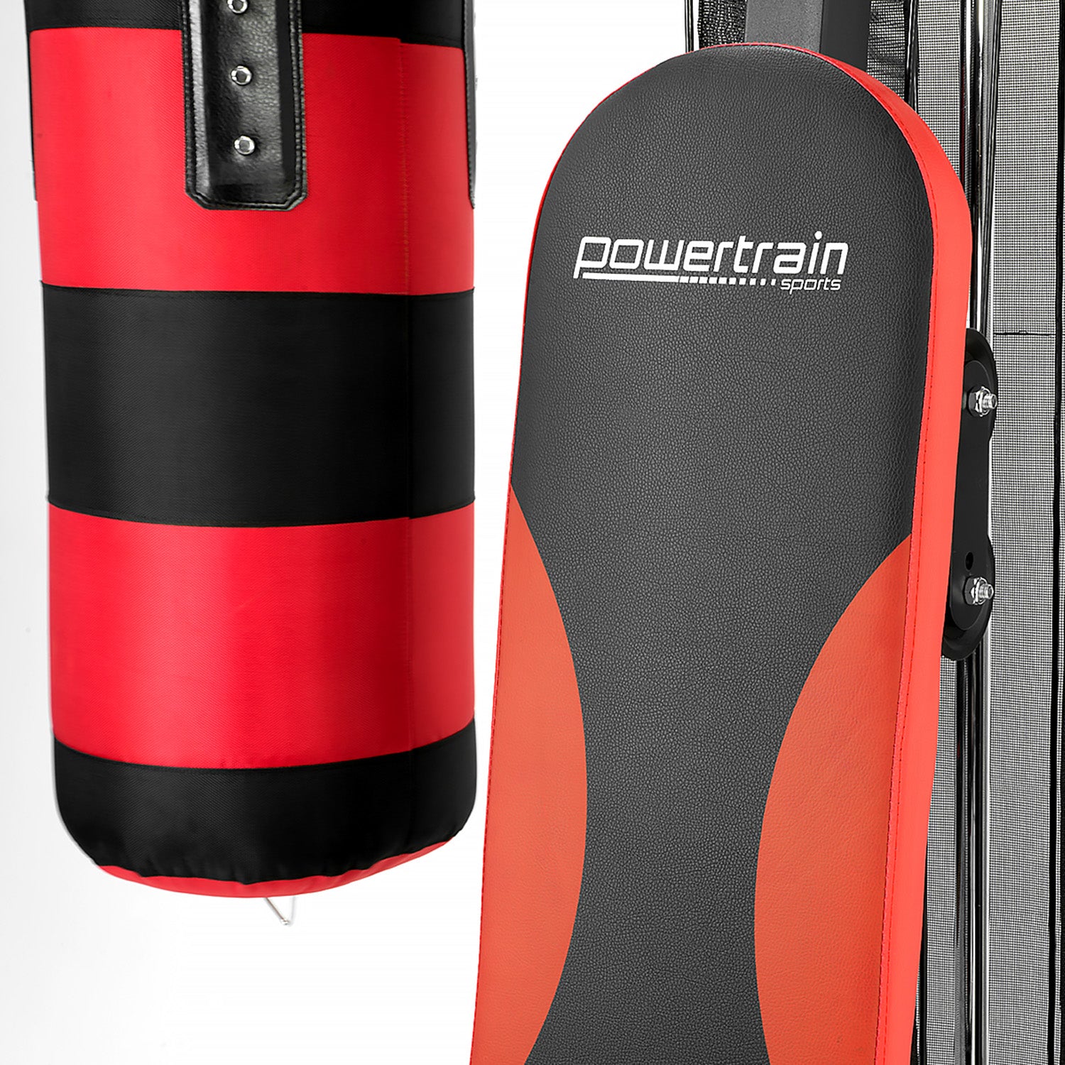 Red and black punching bag with 'powertrain sports' branding on a white background