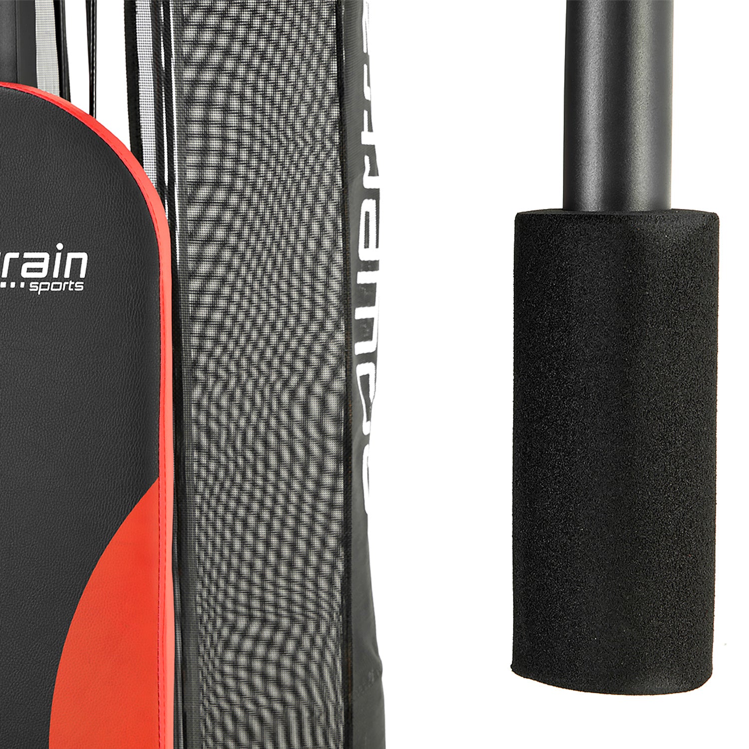 Close-up of a sports bag with 'rain' branding on a white background