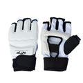 Pair of white and black gloves with visible branding on a white background