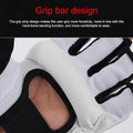 Close-up of a white glove with black grip strips and text about the grip bar design.