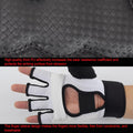 Black and white glove with finger sleeves on a textured surface