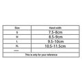 Size chart for hand width measurements in centimeters with size labels S, M, L, XL.