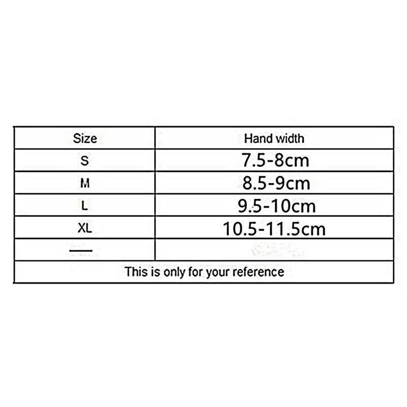 Size chart for hand width measurements in centimeters with size labels S, M, L, XL.