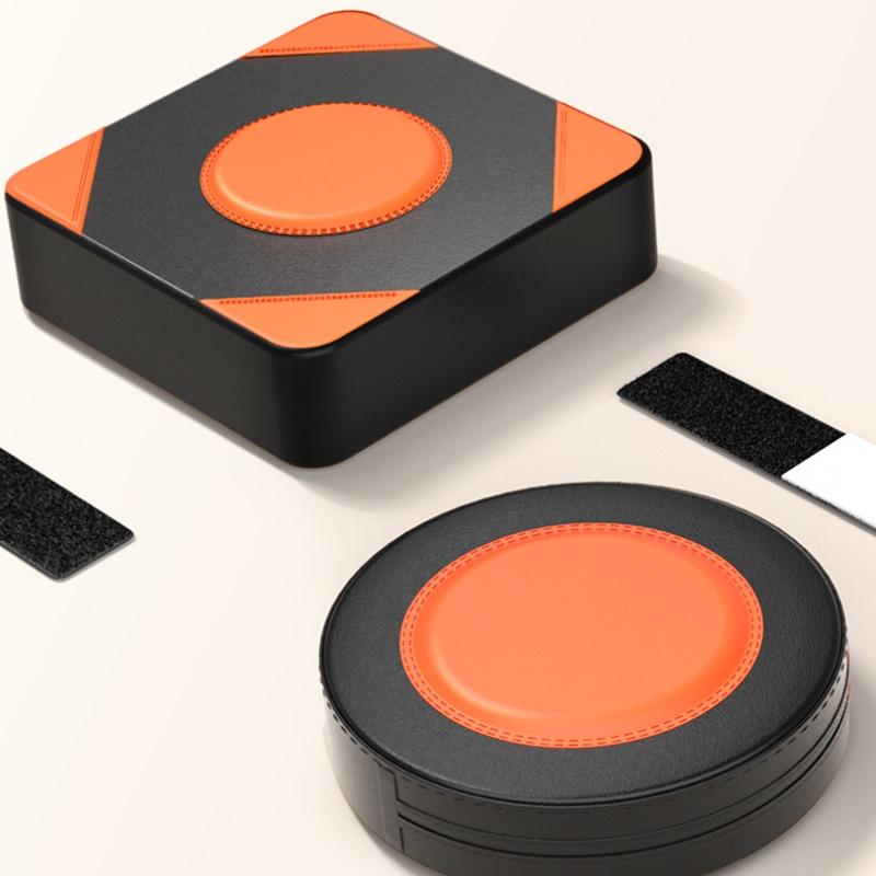 Black and orange hexagonal and circular objects on a white background