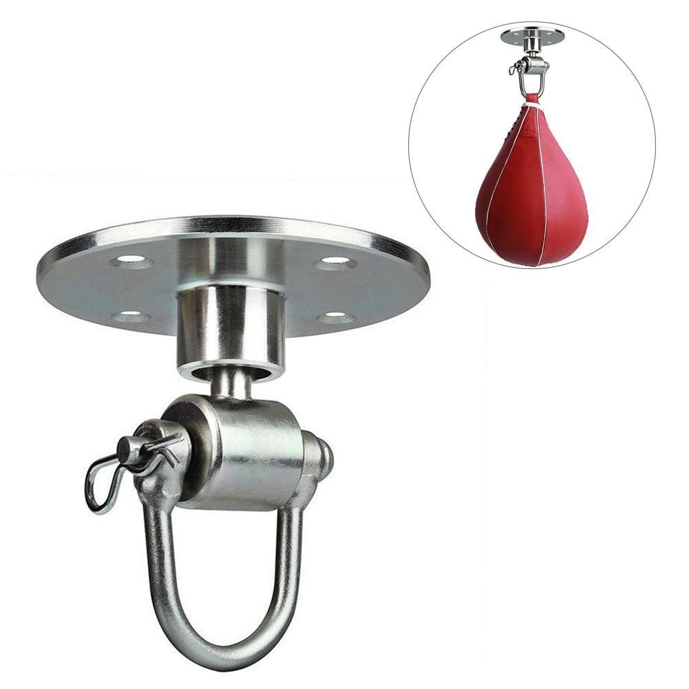 Metal ceiling mount with a red punching bag attached on a white background