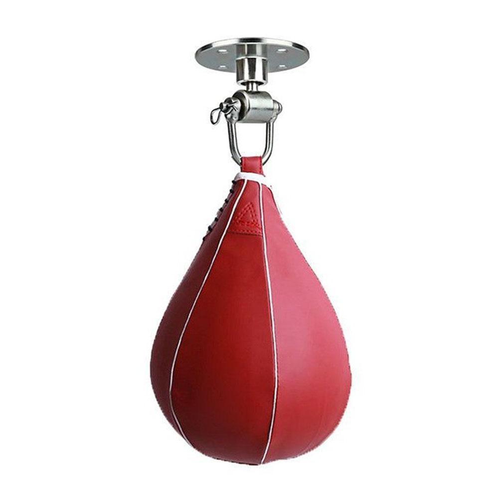 Red boxing speed bag with a metal hanging bracket on a white background