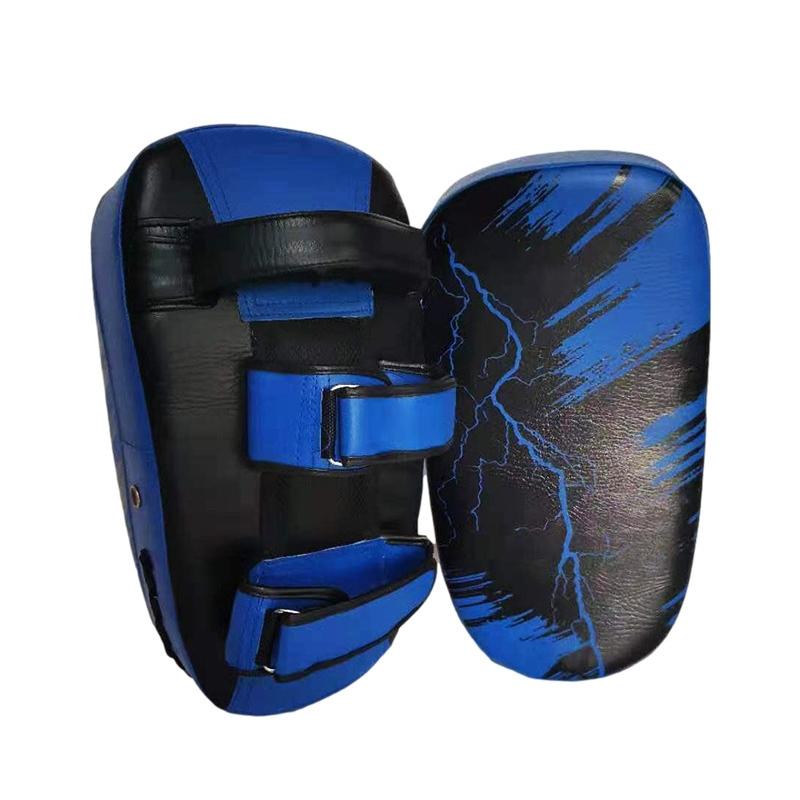 Black and blue martial arts training pads on a white background