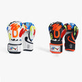 Colorful boxing gloves with brand logo on a white background