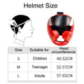 Red boxing helmet with size chart for children, teenagers, and adults on a white background