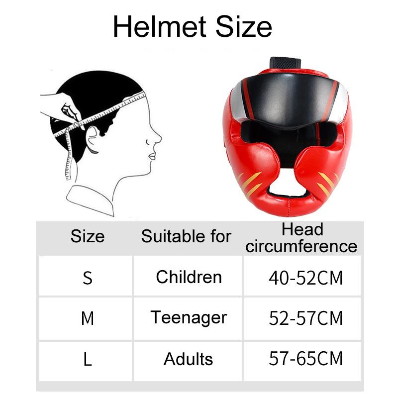 Red boxing helmet with size chart for children, teenagers, and adults on a white background