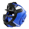 Blue boxing headgear with black face guard on a white background