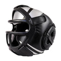 Black and white boxing helmet with face guard on a white background