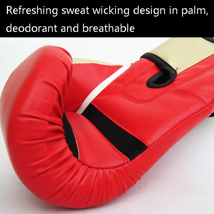 Red boxing glove with text about sweat wicking design on a white background