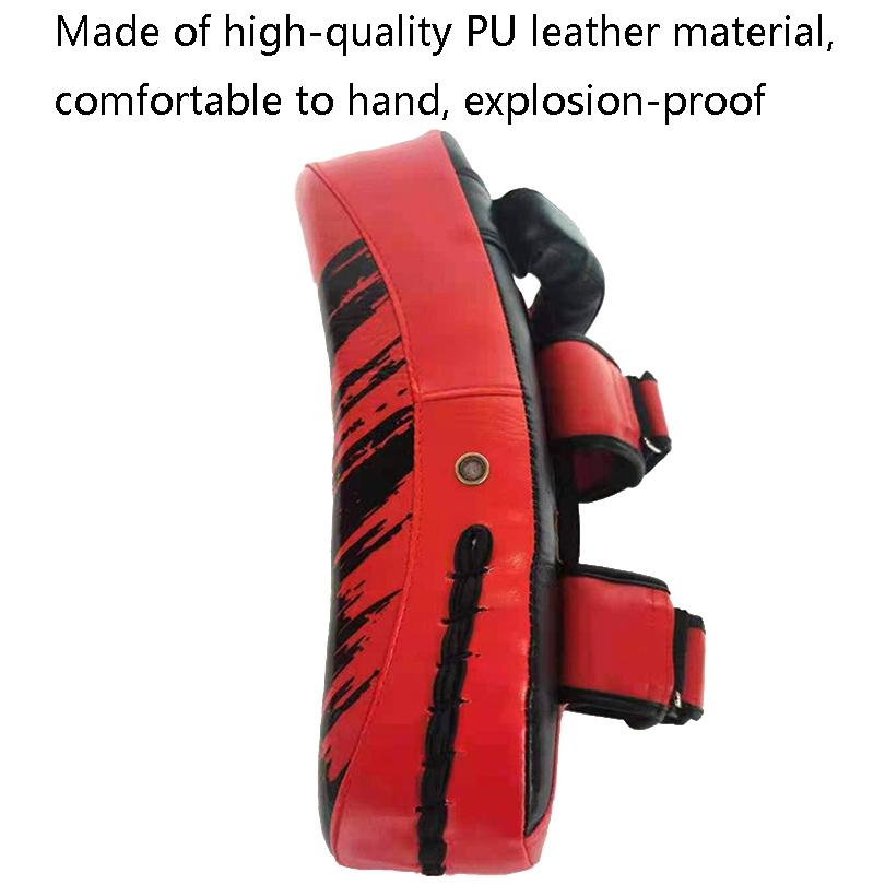 Red and black martial arts pad with text about material quality on a white background