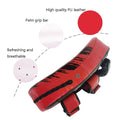 Red and black martial arts training pad with features highlighted on a white background