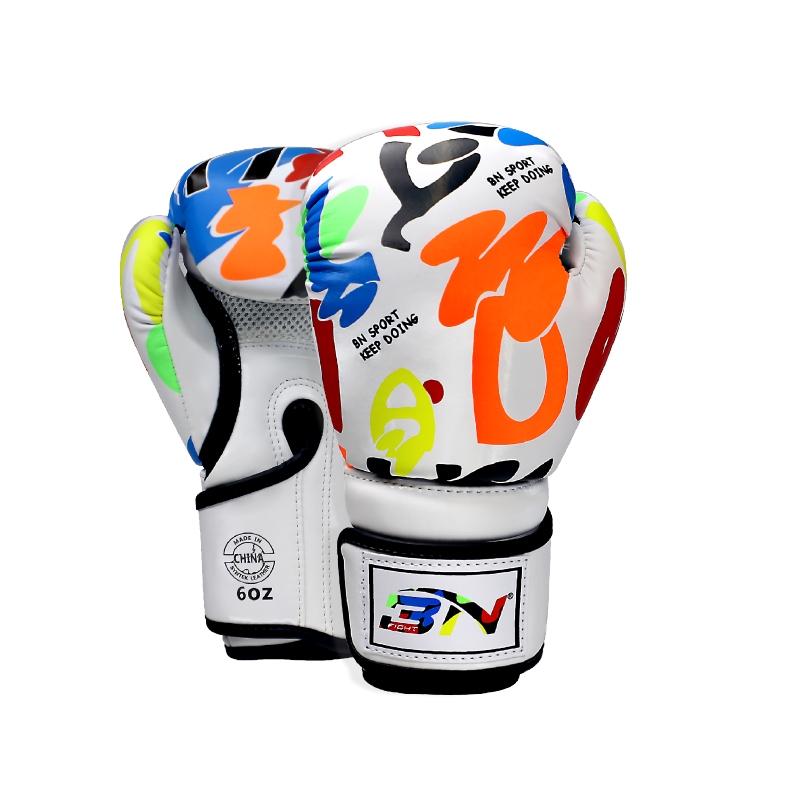 Colorful boxing glove with brand logos on a white background