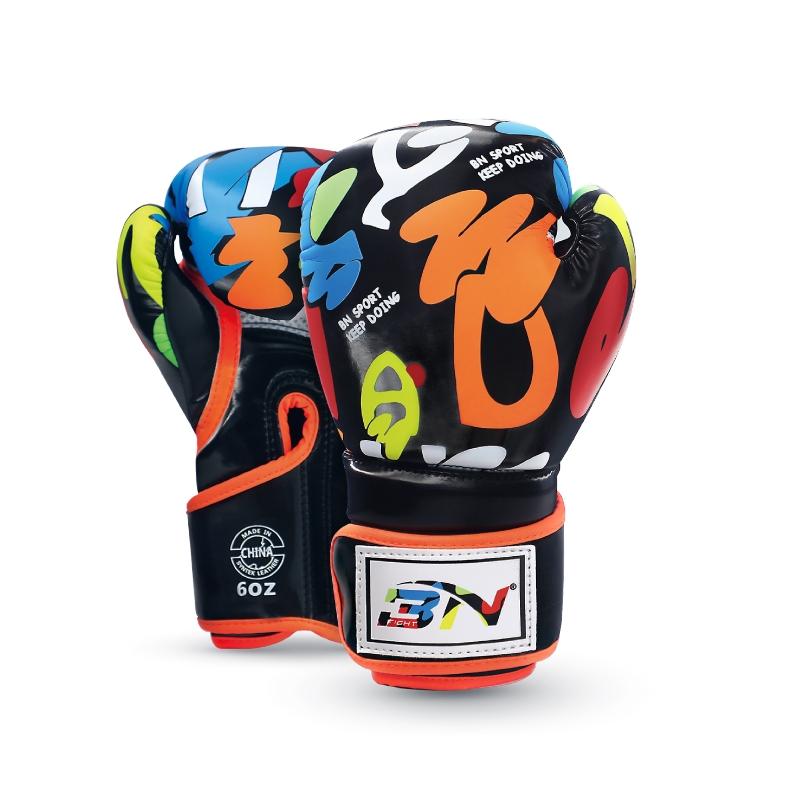 Colorful boxing glove with brand logos on a white background
