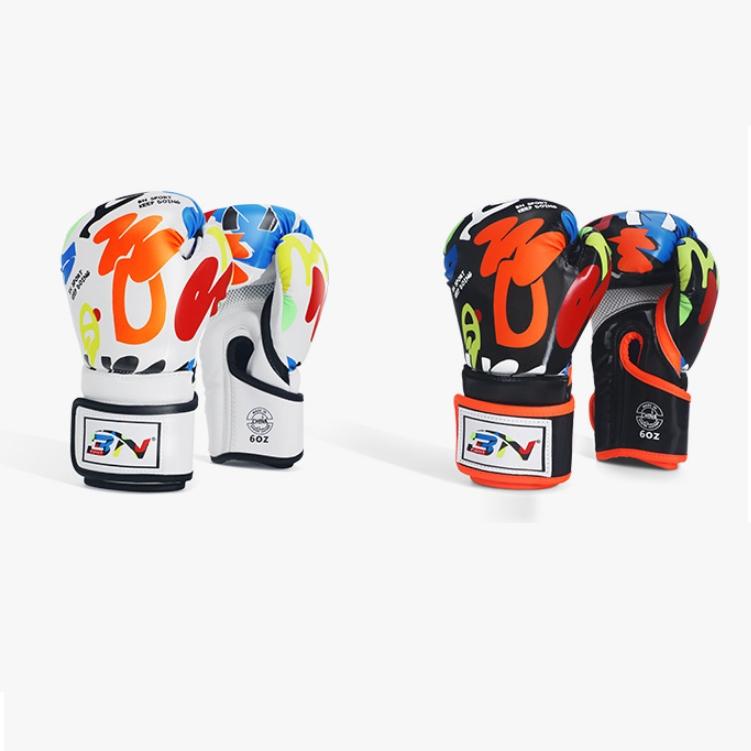 Colorful boxing gloves with brand logo on a white background