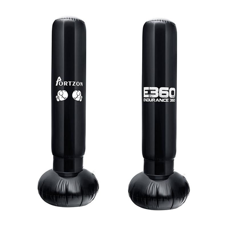 Two black punching bags with Portzon and E360 Duracore branding on a white background.