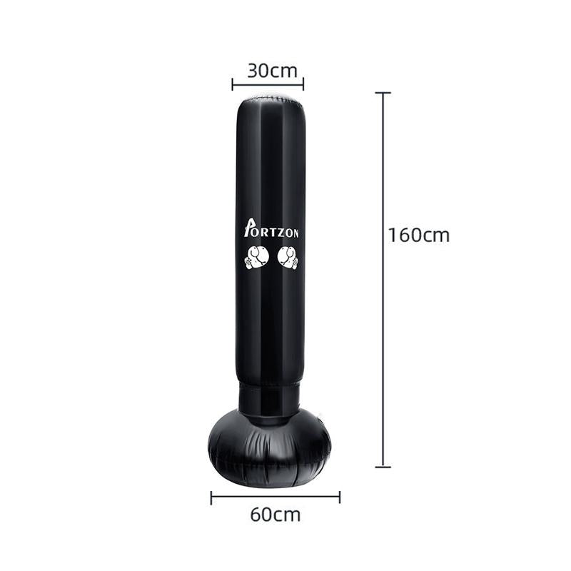 Black inflatable punching bag with Portzon branding and measurements on a white background