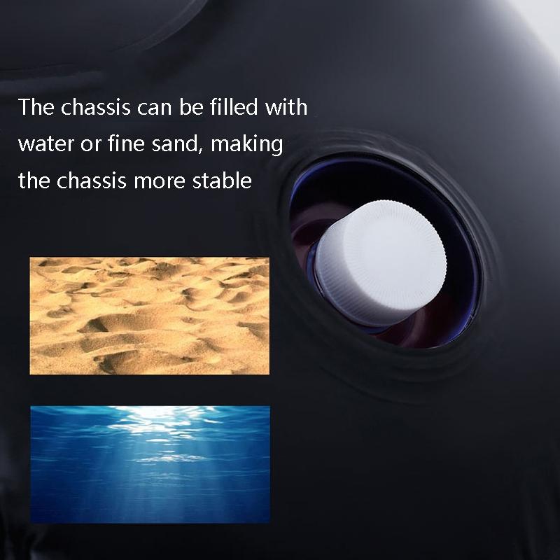 Close-up of a cylindrical object with text about filling it with water or sand for stability, shown against a dark background.