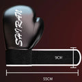 Black boxing glove with measurement details on a dark background