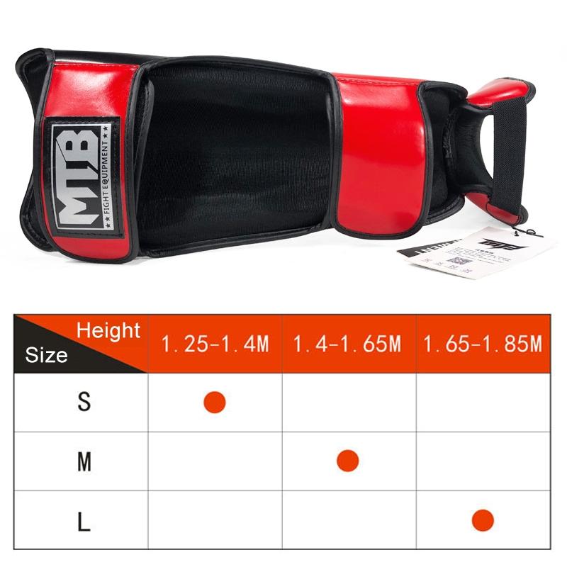 Red and black protective gear with MTB logo on a white background, accompanied by a size chart.