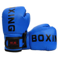Blue boxing gloves with 'BOXING' branding on a white background