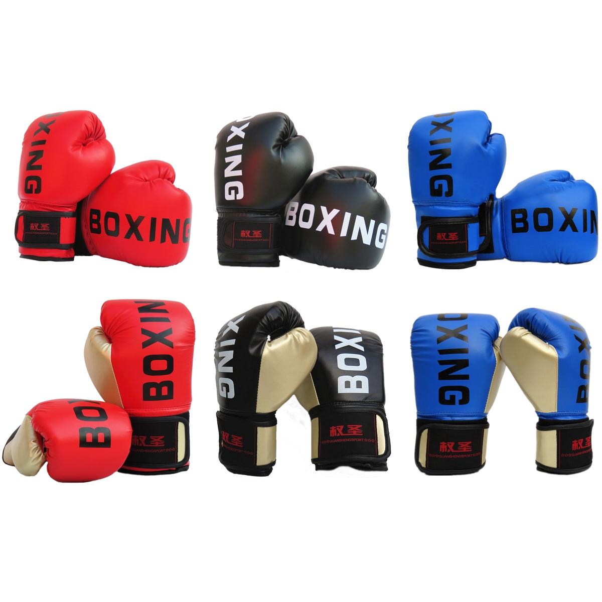 Set of boxing gloves in various colors with 'BOXING' text on a white background