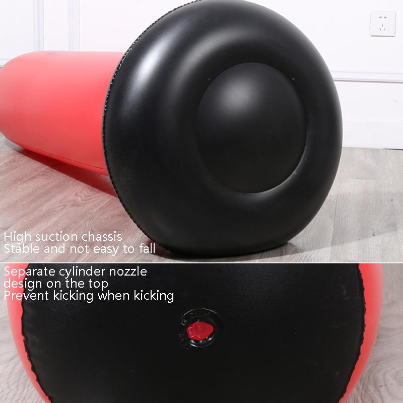 Black and red exercise ball on a wooden floor with text describing its features.