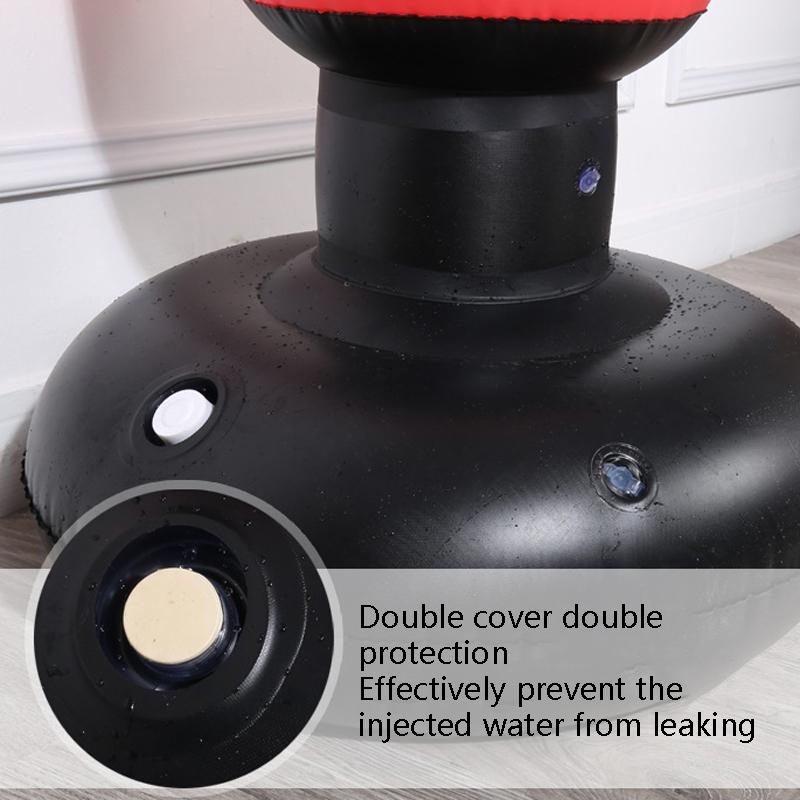 Close-up of a black and red water injection device with text on a white background