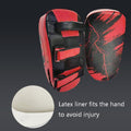 Red and black martial arts training pads with a close-up of the latex liner on a dark background.