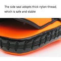 Close-up of an orange and black product with text about thick nylon thread.